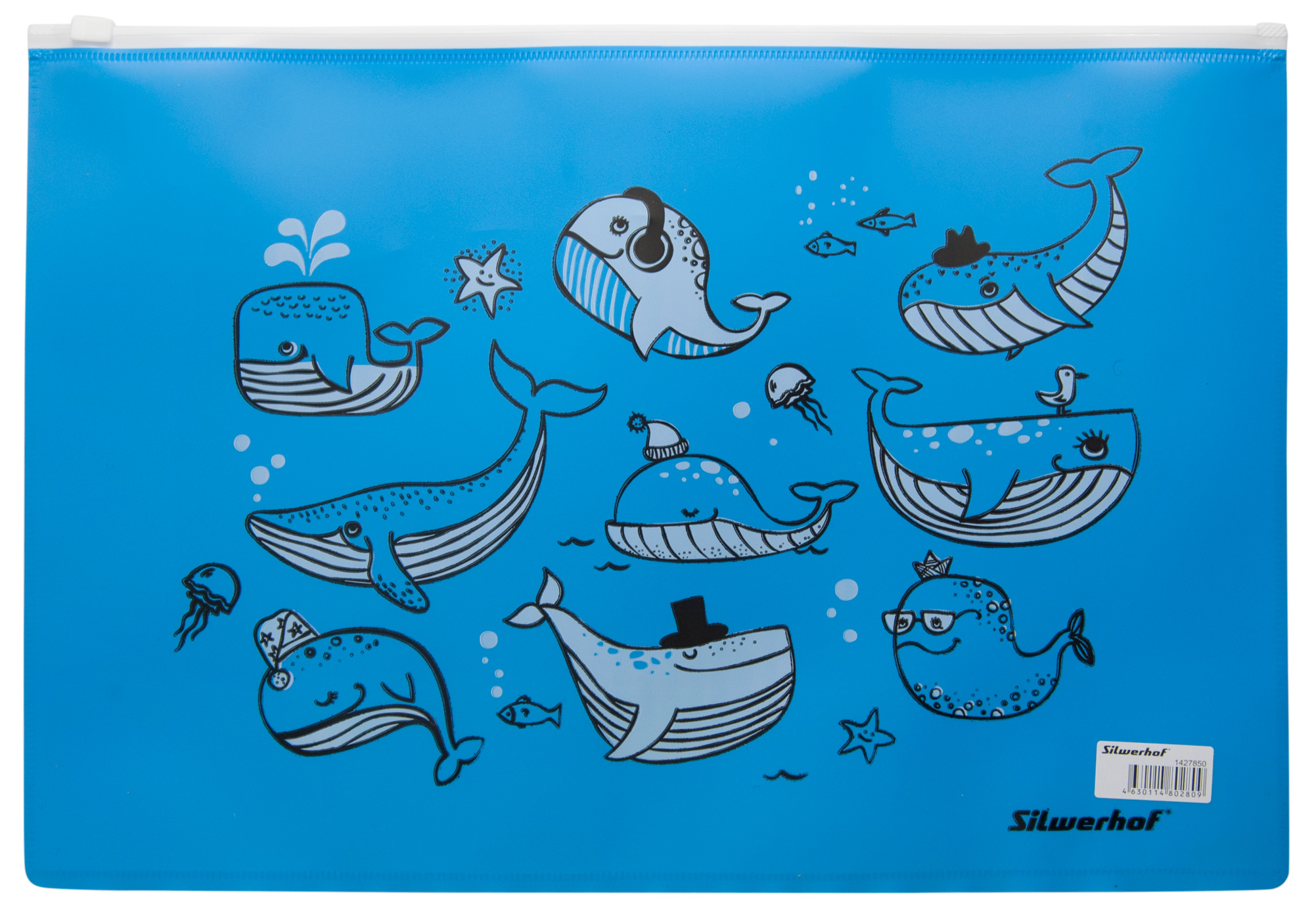 Папка на молнии ZIP Silwerhof Whales 255197 A4 пластик синий цвет молнии белый