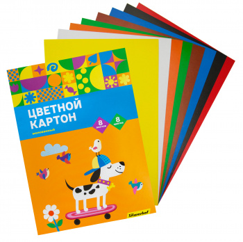 Картон цветной Silwerhof ассорти мелов. 8л. 8цв. A4 Собачка на скейте 230г/м2 1диз. обл.мел.картон папка