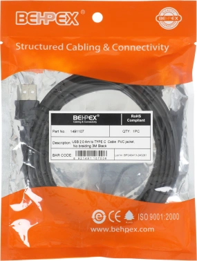 Кабель USB (m)-USB Type-C (m) 3м черный