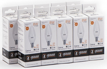 Лампа светодиодная Gauss 8Вт цок.:E14 свеча 220B св.свеч.бел.теп. C37 (упак.:1шт) (33118)