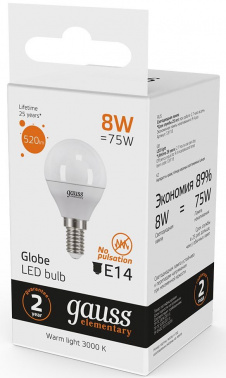 Лампа светодиодная Gauss 8Вт цок.:E14 шар 220B св.свеч.бел.теп. G45 (упак.:1шт) (53118)