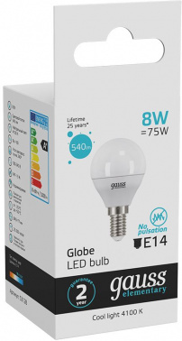 Лампа светодиодная Gauss 8Вт цок.:E14 шар 220B св.свеч.бел.нейт. G45 (упак.:1шт) (53128)
