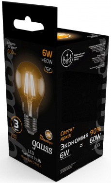 Лампа филам. Gauss 6Вт цок.:E27 шар 220B св.свеч.бел.теп. A60 (упак.:10шт) (102802106)