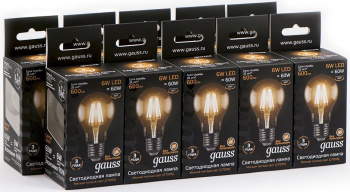 Лампа филам. Gauss 6Вт цок.:E27 шар 220B св.свеч.бел.теп. A60 (упак.:10шт) (102802106)