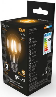 Лампа филам. Gauss 10Вт цок.:E27 шар 220B св.свеч.бел.теп. A60 (упак.:10шт) (102802110)
