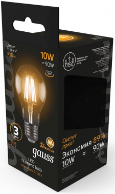 Лампа филам. Gauss 10Вт цок.:E27 шар 220B св.свеч.бел.теп. A60 (упак.:10шт) (102802110)