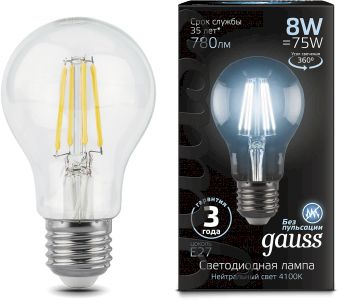 Лампа филам. Gauss 8Вт цок.:E27 шар 220B св.свеч.бел.нейт. A60 (упак.:10шт) (102802208)