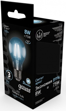 Лампа филам. Gauss 8Вт цок.:E27 шар 220B св.свеч.бел.нейт. A60 (упак.:10шт) (102802208)