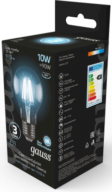Лампа филам. Gauss 10Вт цок.:E27 шар 220B св.свеч.бел.нейт. A60 (упак.:10шт) (102802210)