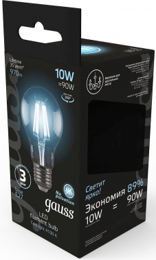 Лампа филам. Gauss 10Вт цок.:E27 шар 220B св.свеч.бел.нейт. A60 (упак.:10шт) (102802210)