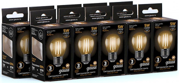Лампа филам. Gauss 5Вт цок.:E27 шар 220B св.свеч.бел.теп. G45 (упак.:10шт) (105802105)