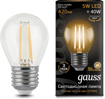 Лампа филам. Gauss 5Вт цок.:E27 шар 220B св.свеч.бел.теп. G45 (упак.:10шт) (105802105)
