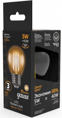 Лампа филам. Gauss 5Вт цок.:E27 шар 220B св.свеч.бел.теп. G45 (упак.:10шт) (105802105)