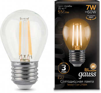 Лампа филам. Gauss 7Вт цок.:E27 шар 220B св.свеч.бел.теп. G45 (упак.:10шт) (105802107)