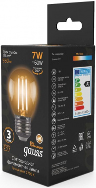 Лампа филам. Gauss 7Вт цок.:E27 шар 220B св.свеч.бел.теп. G45 (упак.:10шт) (105802107)