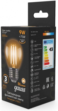 Лампа филам. Gauss 9Вт цок.:E27 шар 220B св.свеч.бел.теп. G45 (упак.:10шт) (105802109)