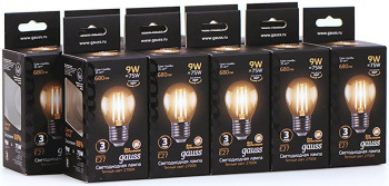 Лампа филам. Gauss 9Вт цок.:E27 шар 220B св.свеч.бел.теп. G45 (упак.:10шт) (105802109)