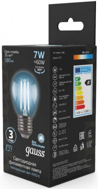 Лампа филам. Gauss 7Вт цок.:E27 шар 220B св.свеч.бел.нейт. G45 (упак.:10шт) (105802207)