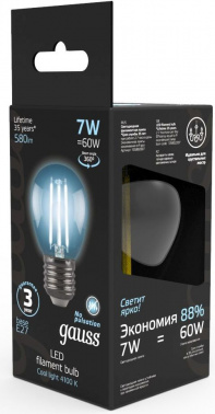 Лампа филам. Gauss 7Вт цок.:E27 шар 220B св.свеч.бел.нейт. G45 (упак.:10шт) (105802207)