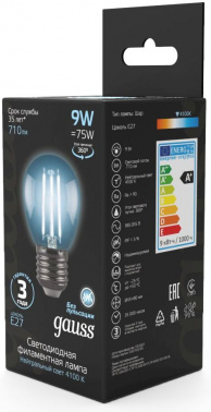 Лампа филам. Gauss 9Вт цок.:E27 шар 220B св.свеч.бел.нейт. G45 (упак.:10шт) (105802209)