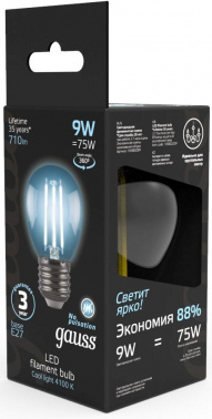 Лампа филам. Gauss 9Вт цок.:E27 шар 220B св.свеч.бел.нейт. G45 (упак.:10шт) (105802209)