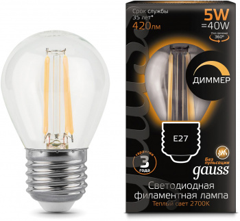 Лампа филам. Gauss 5Вт цок.:E27 шар 220B св.свеч.бел.теп. G45 (упак.:10шт) (105802105-D)
