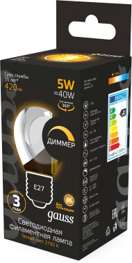 Лампа филам. Gauss 5Вт цок.:E27 шар 220B св.свеч.бел.теп. G45 (упак.:10шт) (105802105-D)