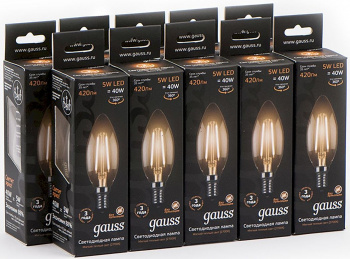 Лампа филам. Gauss 5Вт цок.:E14 свеча 220B св.свеч.бел.теп. C37 (упак.:10шт) (103801105)