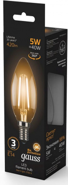 Лампа филам. Gauss 5Вт цок.:E14 свеча 220B св.свеч.бел.теп. C37 (упак.:10шт) (103801105)