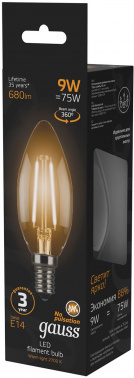 Лампа филам. Gauss 9Вт цок.:E14 свеча 220B св.свеч.бел.теп. C37 (упак.:10шт) (103801109)