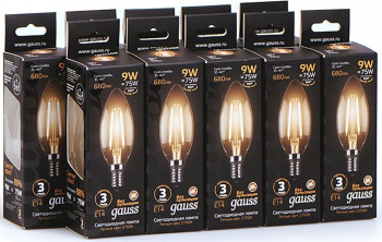 Лампа филам. Gauss 9Вт цок.:E14 свеча 220B св.свеч.бел.теп. C37 (упак.:10шт) (103801109)