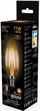 Лампа филам. Gauss 11Вт цок.:E14 свеча 220B св.свеч.бел.теп. C37 (упак.:10шт) (103801111)