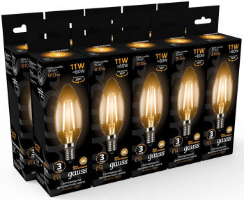Лампа филам. Gauss 11Вт цок.:E14 свеча 220B св.свеч.бел.теп. C37 (упак.:10шт) (103801111)
