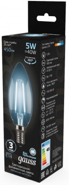 Лампа филам. Gauss 5Вт цок.:E14 свеча 220B св.свеч.бел.нейт. C37 (упак.:10шт) (103801205)