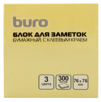 Блок самоклеящийся бумажный Buro 76x76мм 300лист. пастель 3цв.в упак.