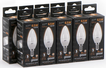 Лампа светодиодная Gauss Black 6.5Вт цок.:E14 свеча 220B св.свеч.бел.теп. C37 (упак.:10шт) (103101107)