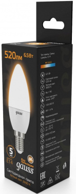 Лампа светодиодная Gauss Black 6.5Вт цок.:E14 свеча 220B св.свеч.бел.теп. C37 (упак.:10шт) (103101107)