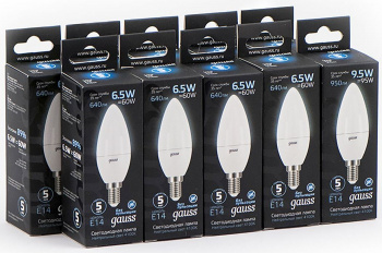 Лампа светодиодная Gauss Black 6.5Вт цок.:E14 свеча 220B св.свеч.бел.нейт. C37 (упак.:10шт) (103101207)