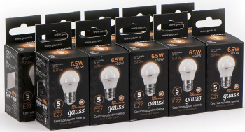 Лампа светодиодная Gauss Black 6.5Вт цок.:E27 шар 220B св.свеч.бел.теп. G45 (упак.:10шт) (105102107)