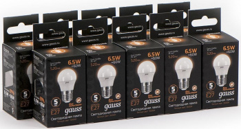 Лампа светодиодная Gauss Black 6.5Вт цок.:E27 шар 220B св.свеч.бел.теп. G45 (упак.:10шт) (105102107)
