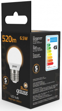 Лампа светодиодная Gauss Black 6.5Вт цок.:E27 шар 220B св.свеч.бел.теп. G45 (упак.:10шт) (105102107)