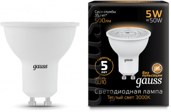 Лампа светодиодная Gauss Black 5Вт цок.:GU10 рефлек. 220B св.свеч.бел.теп. MR16 (упак.:10шт) (101506105)