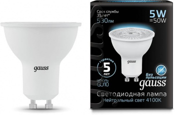 Лампа светодиодная Gauss Black 5Вт цок.:GU10 рефлек. 220B св.свеч.бел.нейт. MR16 (упак.:10шт) (101506205)