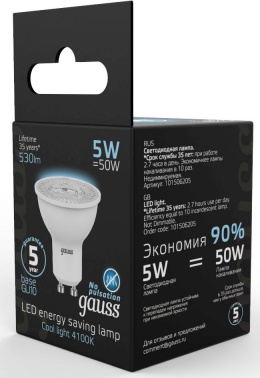 Лампа светодиодная Gauss Black 5Вт цок.:GU10 рефлек. 220B св.свеч.бел.нейт. MR16 (упак.:10шт) (101506205)