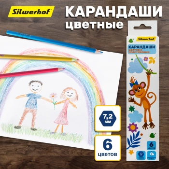 Карандаши цв. Silwerhof Веселые друзья 2.6мм шестигран. пластик ассорти 6цв. коробка/европод.