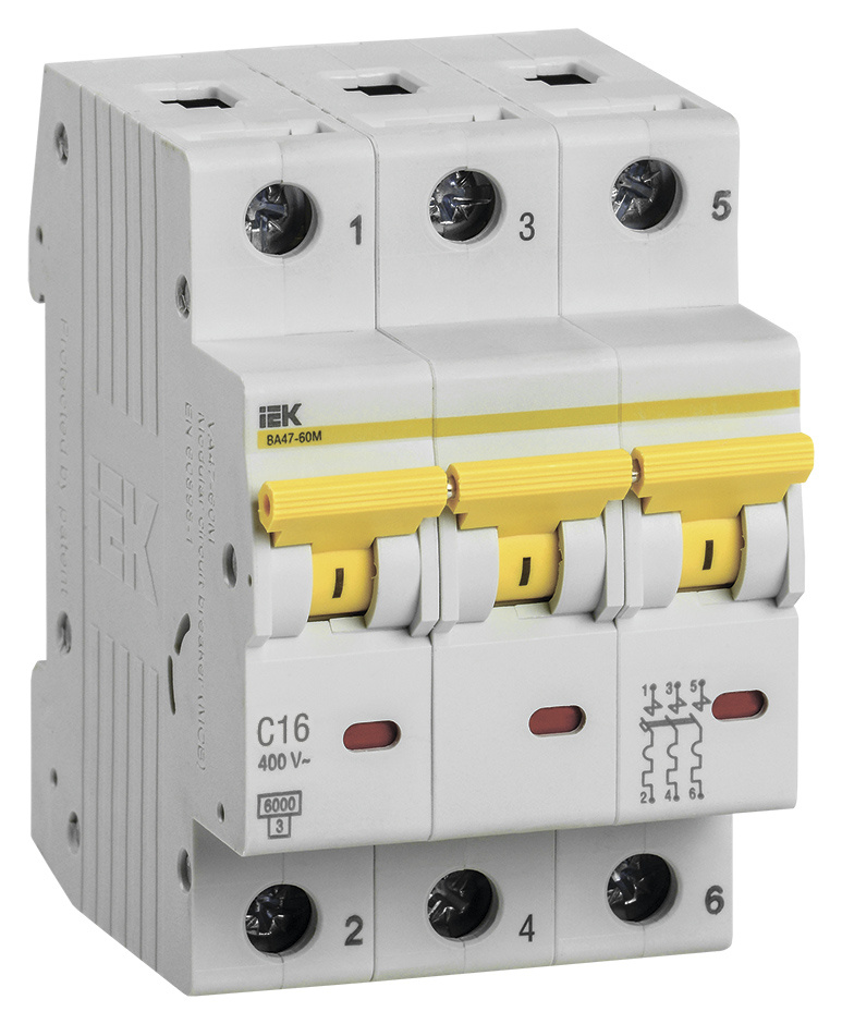 Выключатель автоматический IEK MVA31-3-016-C ВА47-60M 16A тип C 6kA 3П 400В 3мод белый (упак.:1шт)
