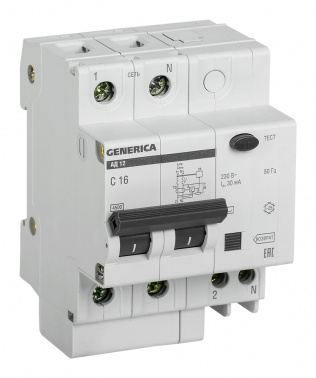 Выключатель автом. дифф. тока IEK MAD15-2-016-C-030  АД12 Generica