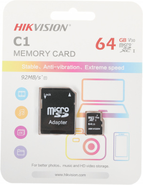 Флеш карта microSDXC 64GB Hikvision  HS-TF-C1(STD)/64G/Adapter