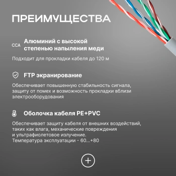 Кабель сетевой Ningbo FTP 4 пары cat.5E solid 0.5мм CCA molded 305м серый