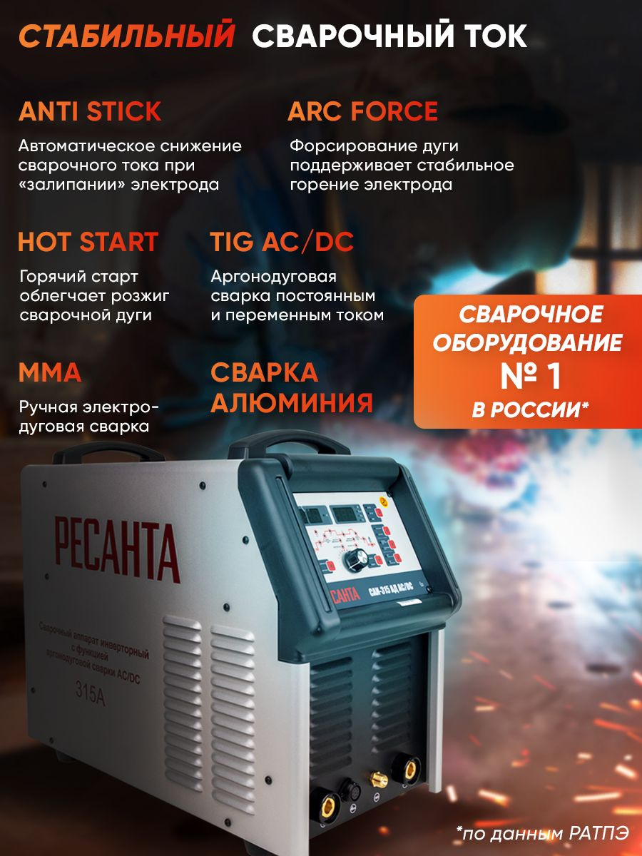 Сварочный аппарат Ресанта САИ-315АД инвертор MMA DC/TIG DC 13.8кВт